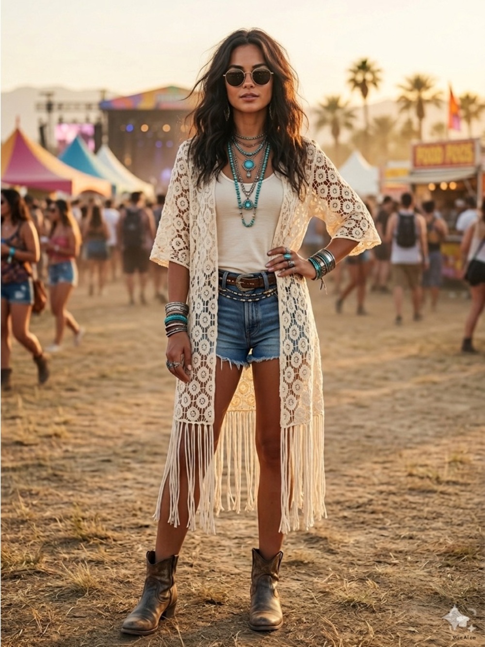 Rebellion Again Crochet Lace Fringe Duster Kimono Ivory Cream L Boho Festival
